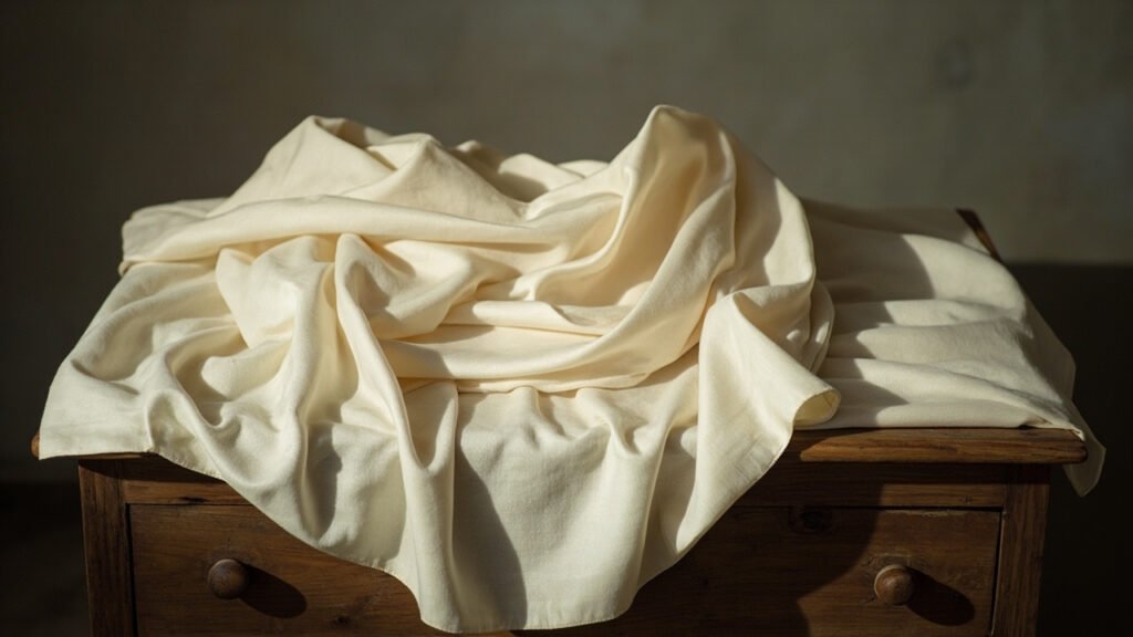 Cape ancien satin de laine ivoire drapée sur coffre noyer patiné.