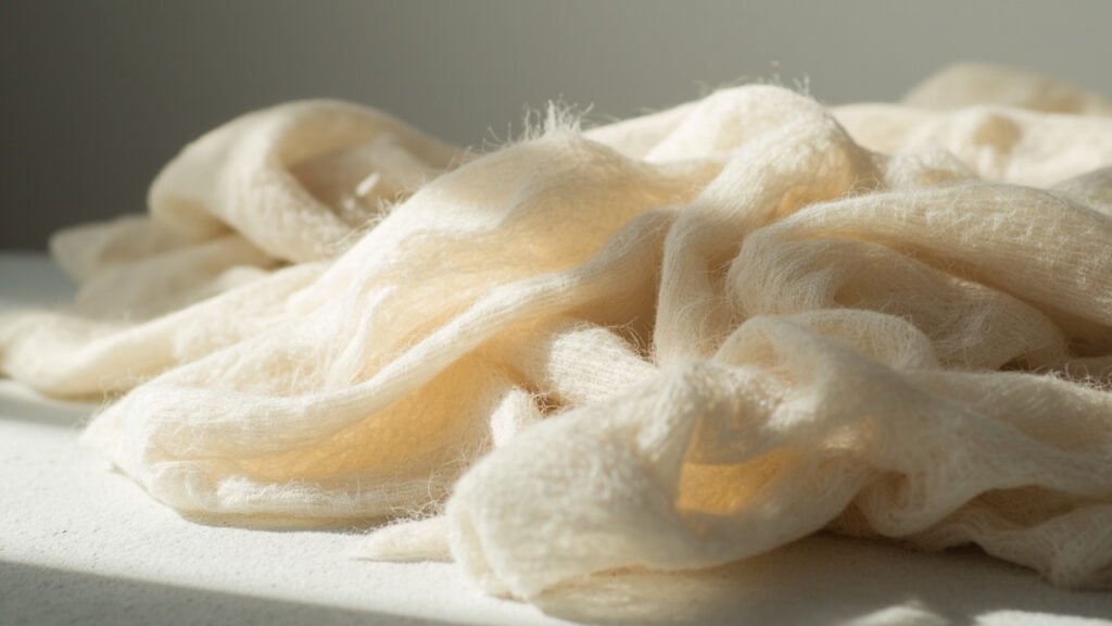 Cardigan cachemire plié sur cèdre poli, lavande séchée à côté.