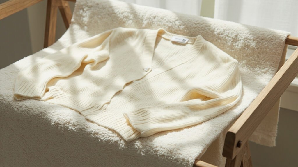 Cardigan cachemire séchant à plat sur serviette éponge.