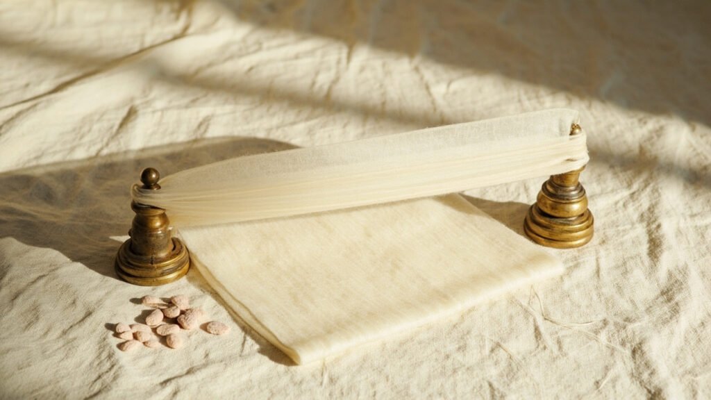 Carré de cachemire tendu montrant sa translucidité, avec bouloches.
