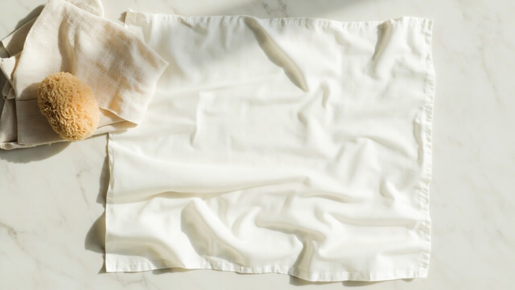 Carré de soie blanc avec éponge naturelle et linge doux.