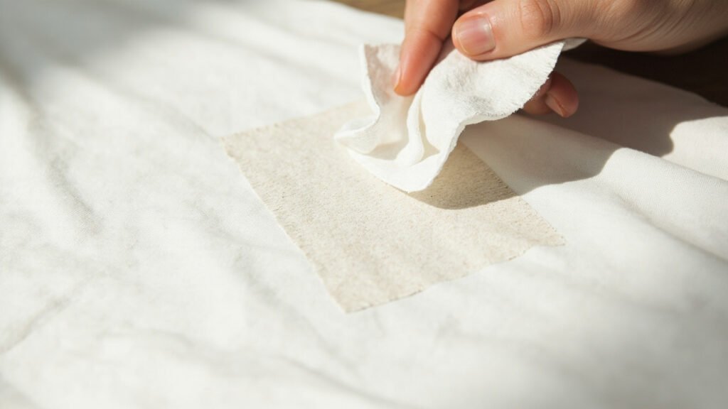 Carré de soie blanche tamponné doucement avec un linge en lin.