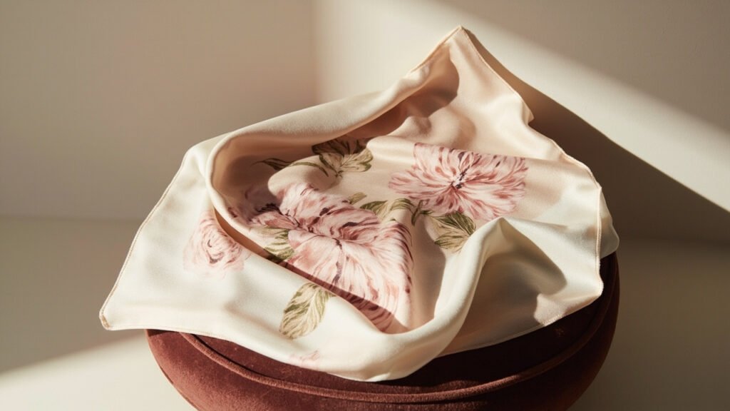 Carré de soie crème et rose, motif floral abstrait.