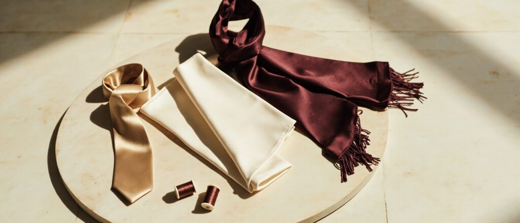 Carré, foulard et cravate de soie drapés sur travertin, lumière douce.
