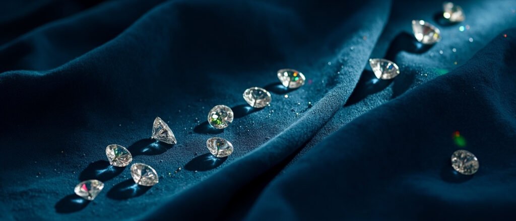 Cascade de diamants taillés sur soie bleu nuit, reflets prismatiques doux.
