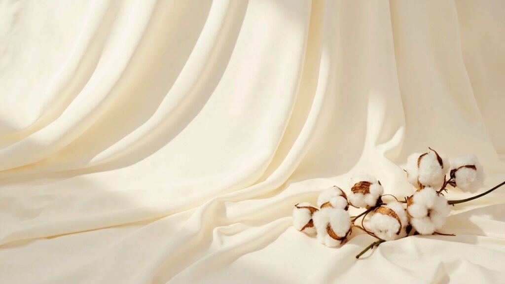 Cascade de sateen de coton crème aux reflets satinés, capsules de coton.