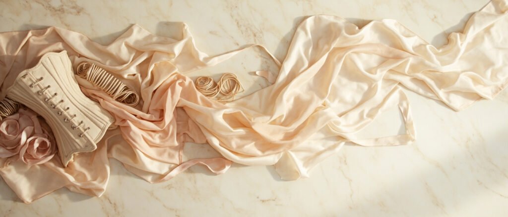 Cascade de satin champagne et rose sur marbre crème, baleines anciennes.