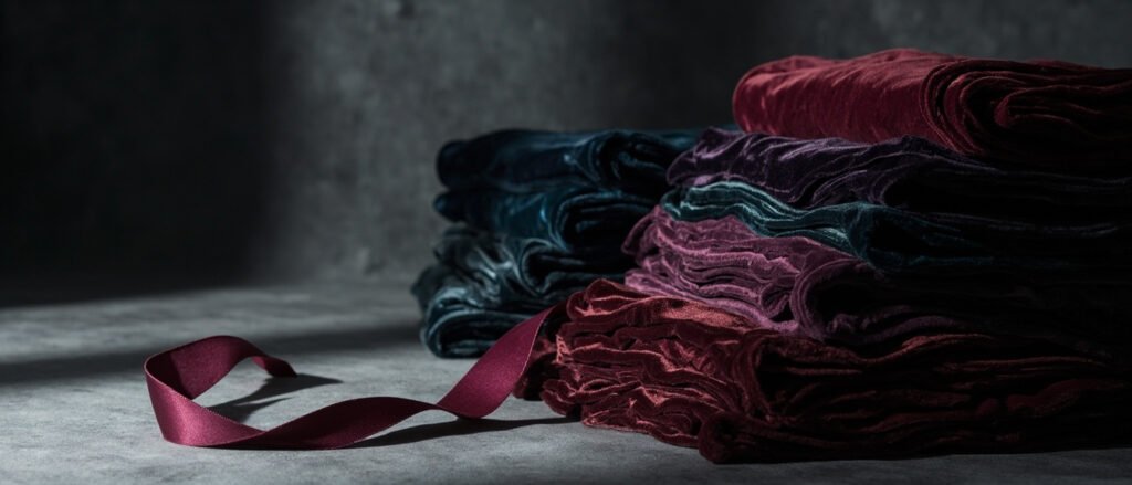 Cascade de velours bordeaux, prune et sarcelle sous lumière rasante.