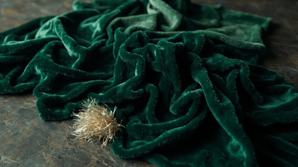 Cascade de velours recyclé émeraude et fibres PET brutes.