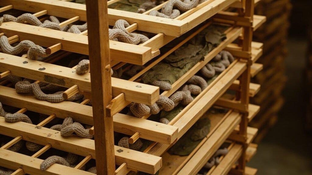 Casiers en bois empilés garnis de mûrier et vers à soie.