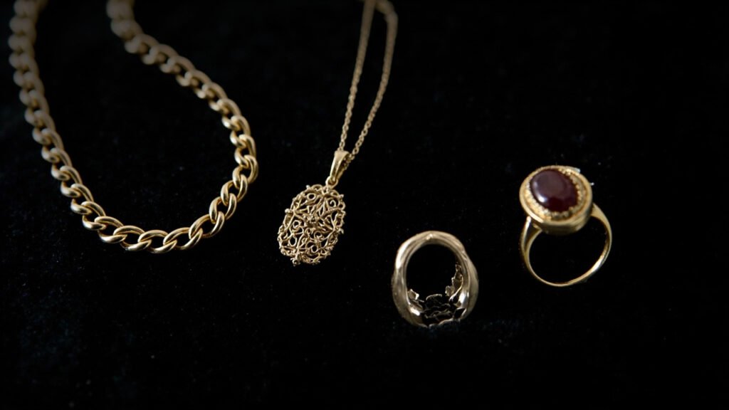 Chaîne 9 carats, pendentif 18 carats et chevalière sur velours