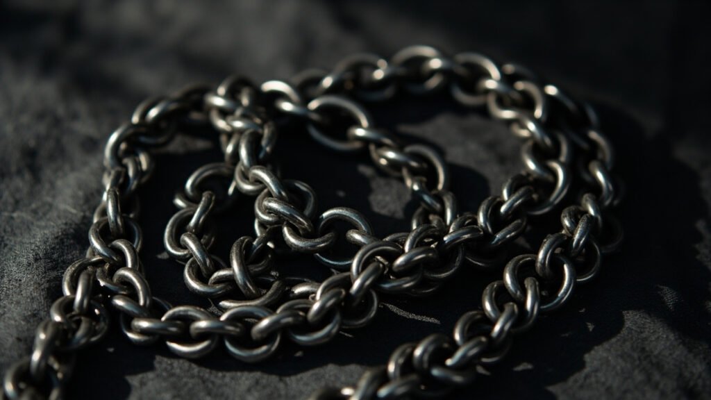 Chaîne d'argent sterling ternie, plis sombres reposant sur lin charbon.