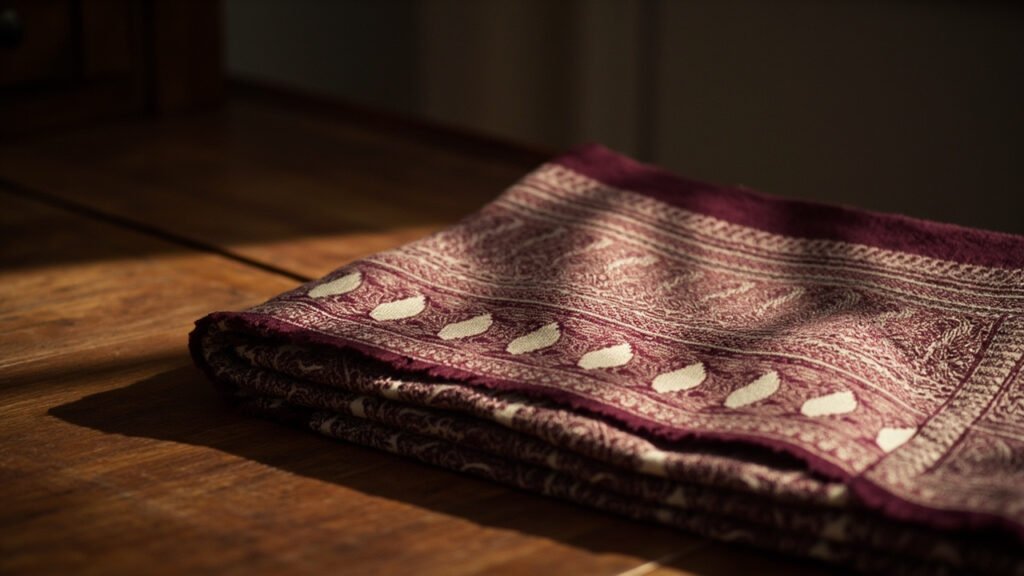 Châle cachemire bordeaux à motifs boteh tissés, drapé sur noyer.