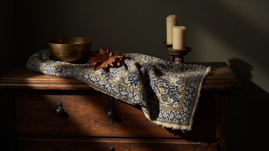 Châle cachemire moghol à motifs paisley drapé sur bois sombre.