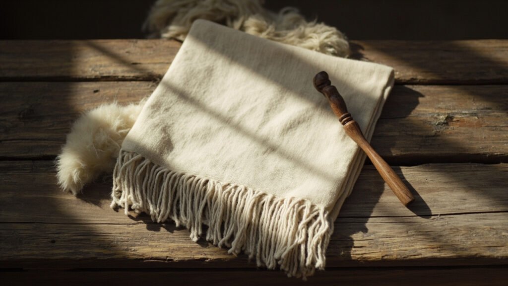 Châle pashmina tissé main et toison brute sur bois ancien.