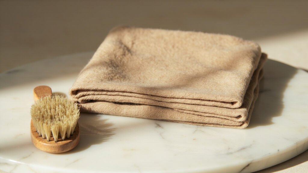 Châle plié et brosse en bois sur marbre.