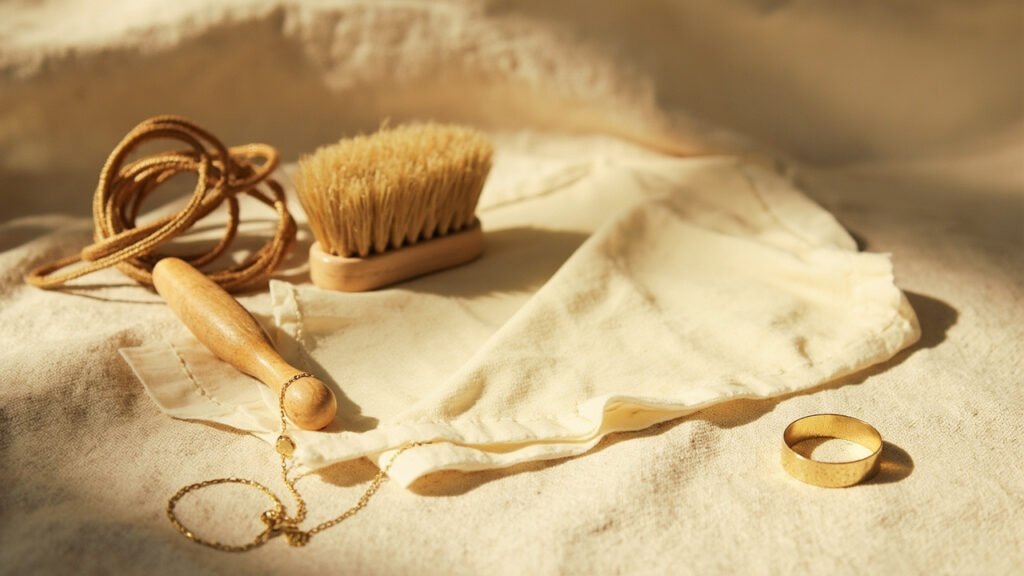 Chamois crème, brosse douce et bijoux en or sur lin