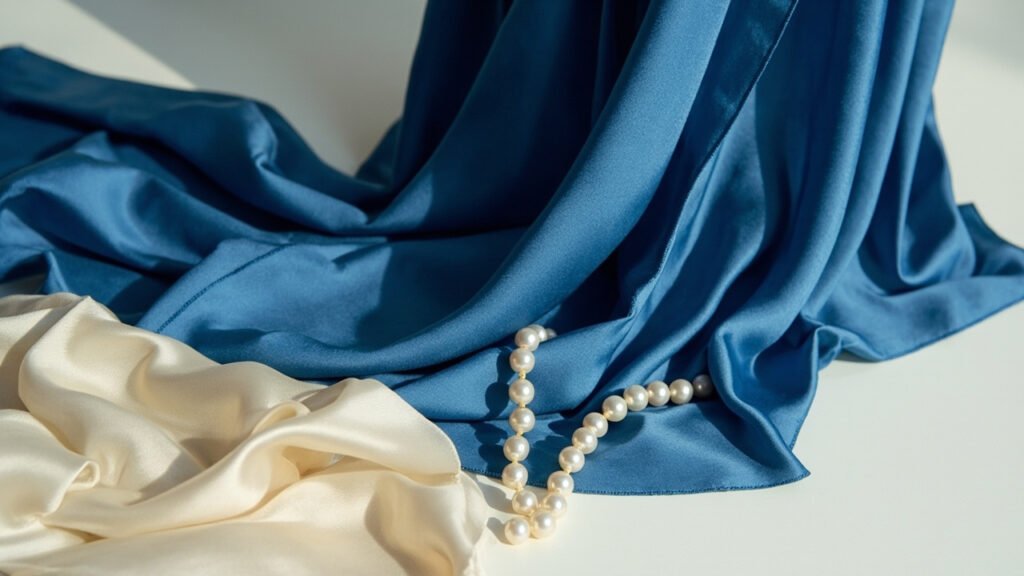 Charmeuse saphir en drapé fluide, foulard crème et perles lumineuses.