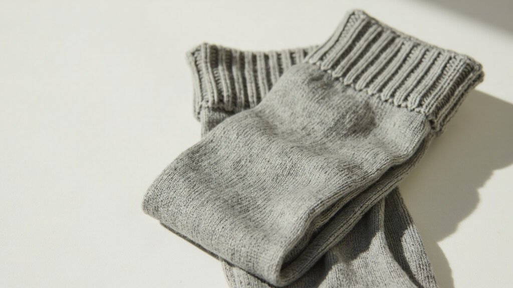 Chaussettes en cachemire gris repliées, maille fine