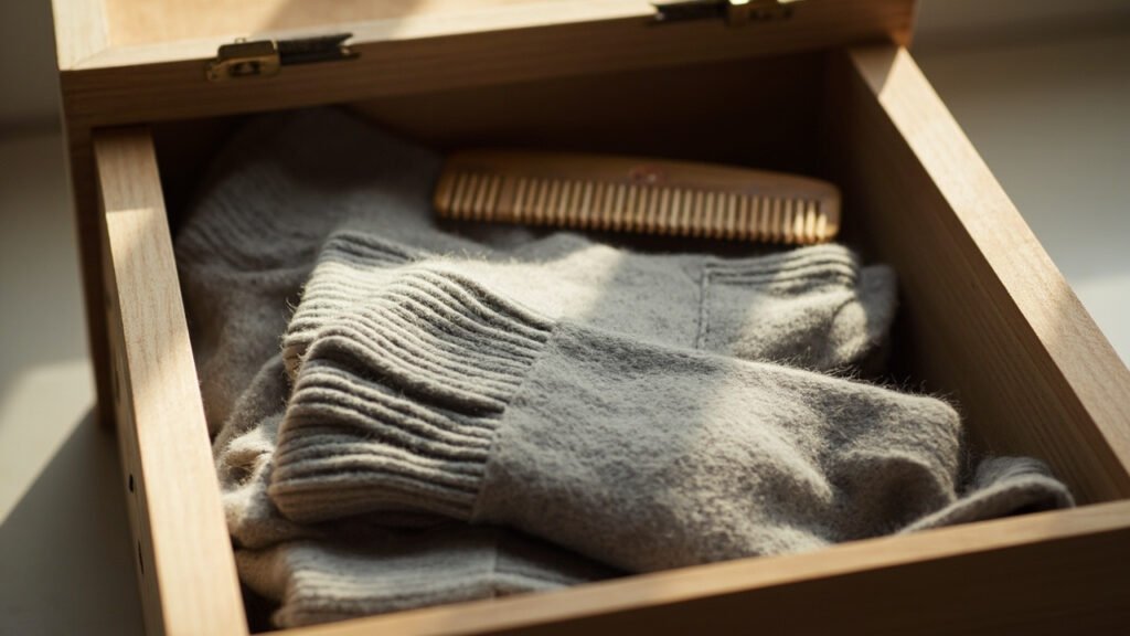 Chaussettes en cachemire pliées dans un coffre en cèdre