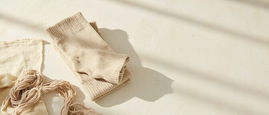 Chaussettes en cachemire pliées, écheveau et fibres douces sur surface claire.