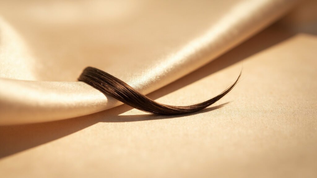 Cheveux bruns glissant sur satin champagne, brillance et fluidité.