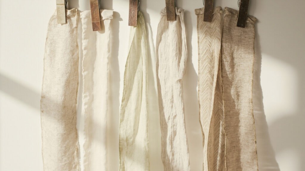 Cinq bandes de soie : satin, crêpe, mousseline, sergé, dupioni.