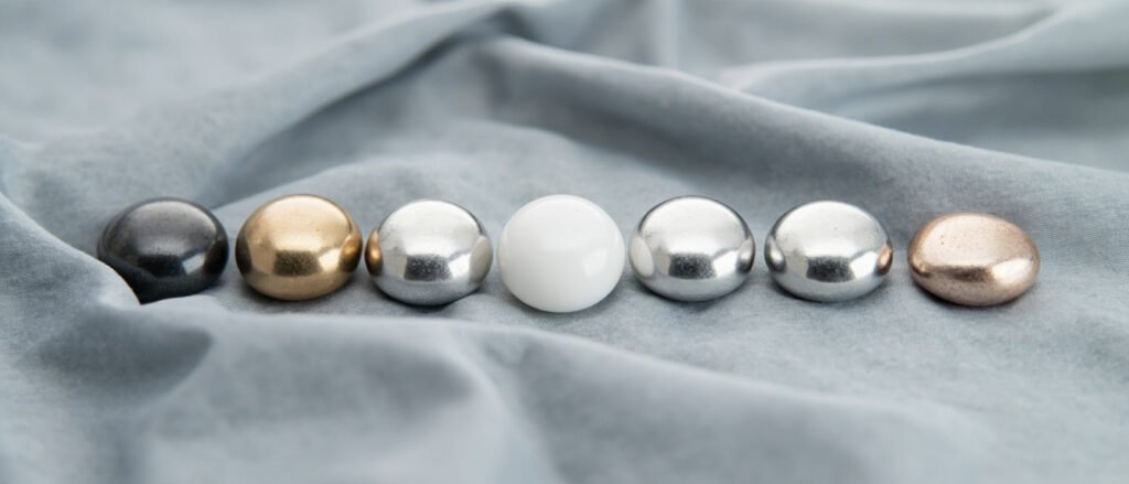 Cinq cabochons de métaux précieux alignés, palladium au centre sur soie grise.