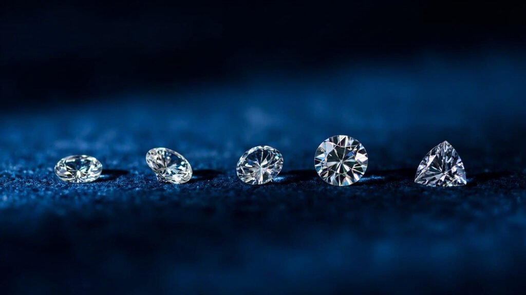 Cinq diamants de tailles différentes sur velours bleu nuit.