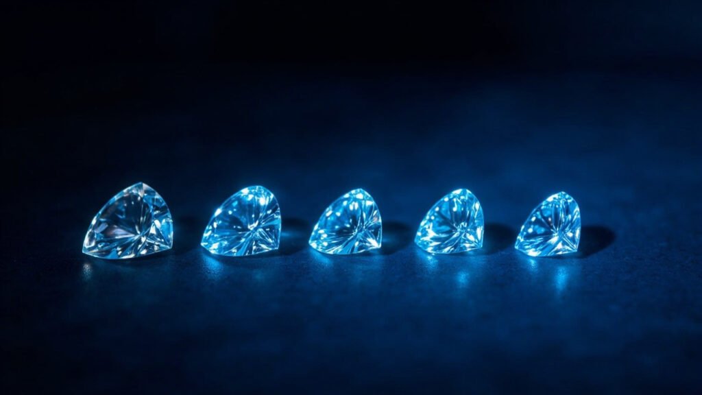 Cinq diamants révélant une fluorescence bleue graduée.