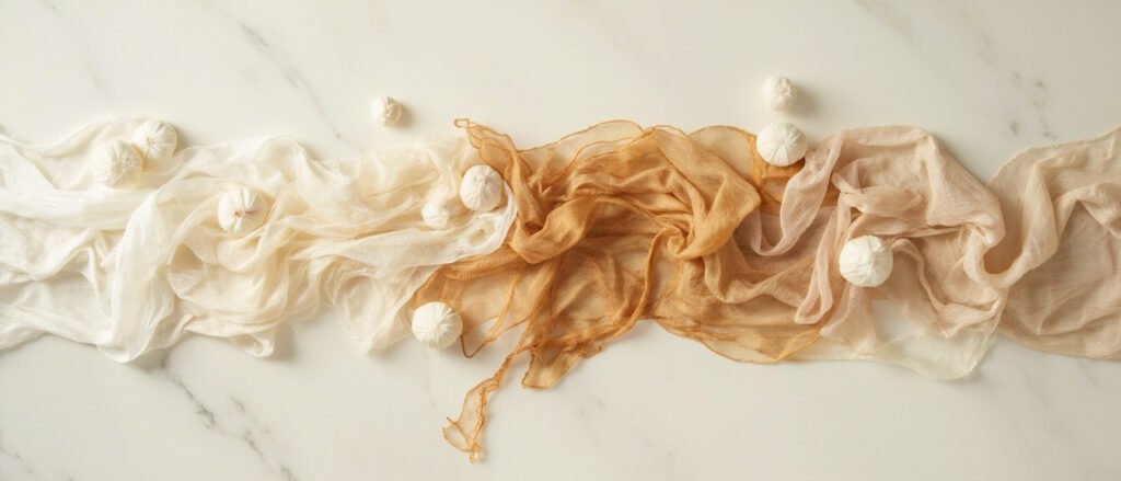 Cinq drapés de soie et cocons : mûrier, eri, muga doré, tussah, sauvage.