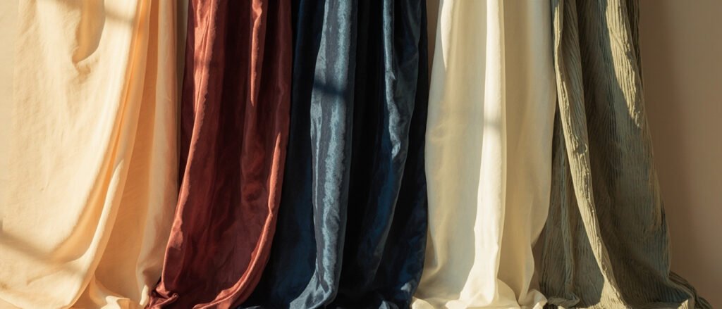 Cinq panneaux de soie aux tissages variés, lumière chaude sculptant chaque fibre.