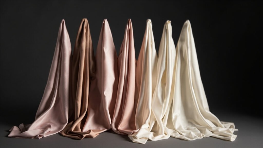 Cinq rouleaux de satin de densités variées, captant la lumière différemment.
