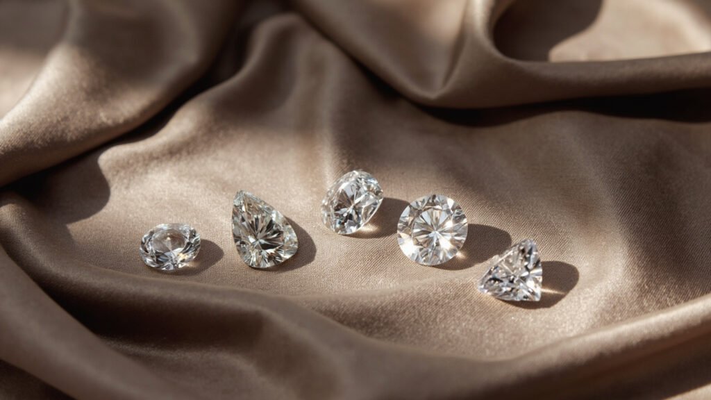 Cinq tailles de diamant présentées sur soie taupe.