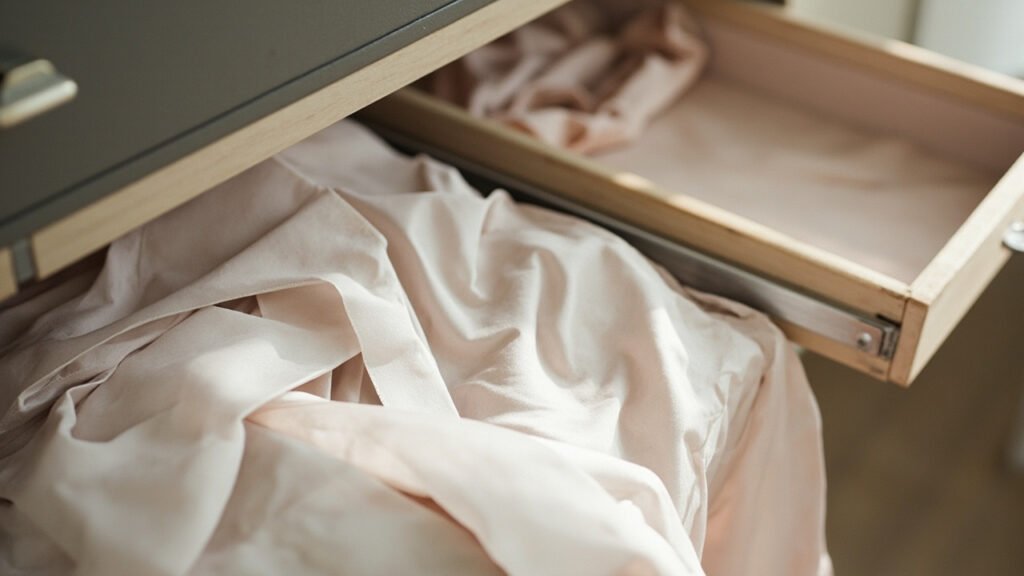 Cintre gainé et papier de soie pour préserver le satin.