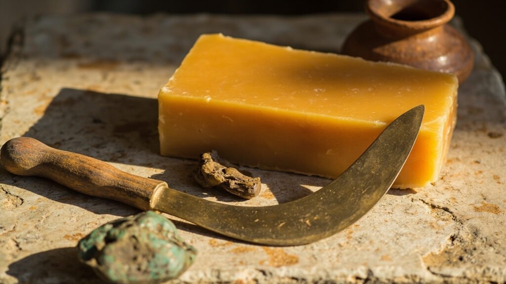 Cire d'abeille brute, lame de bronze patiné et poterie sur pierre ancienne.