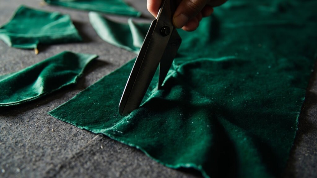 Ciseaux acier coupant un velours émeraude sur table de feutre.
