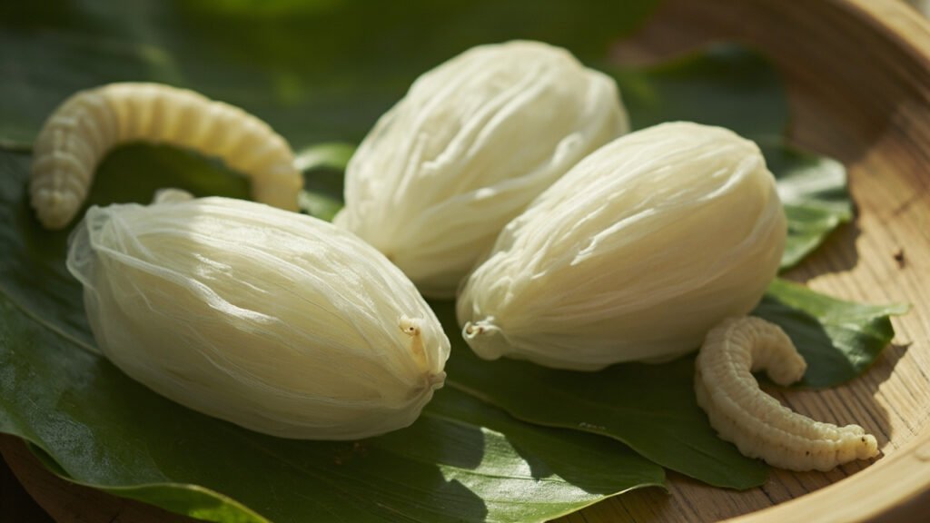 Cocons de soie blancs sur feuilles de mûrier, chenilles sur plateau bambou.