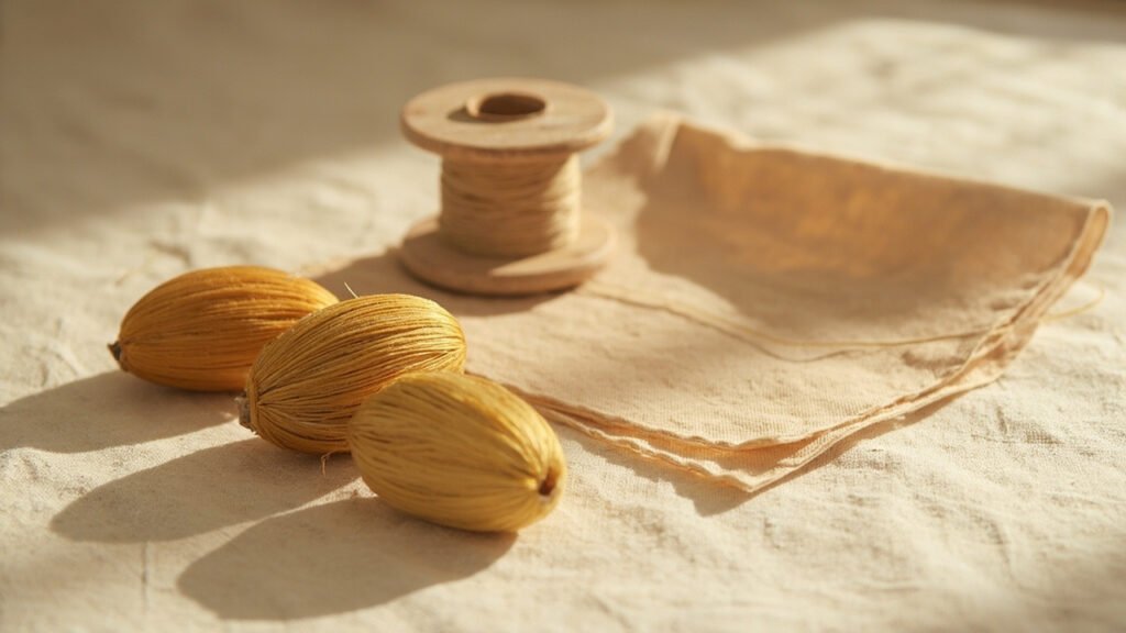 Cocons de soie, bobine de fil et carré de charmeuse sur lin écru.