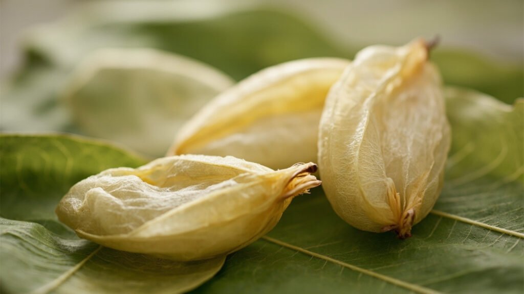 Cocons de soie crème sur feuilles de mûrier fraîches