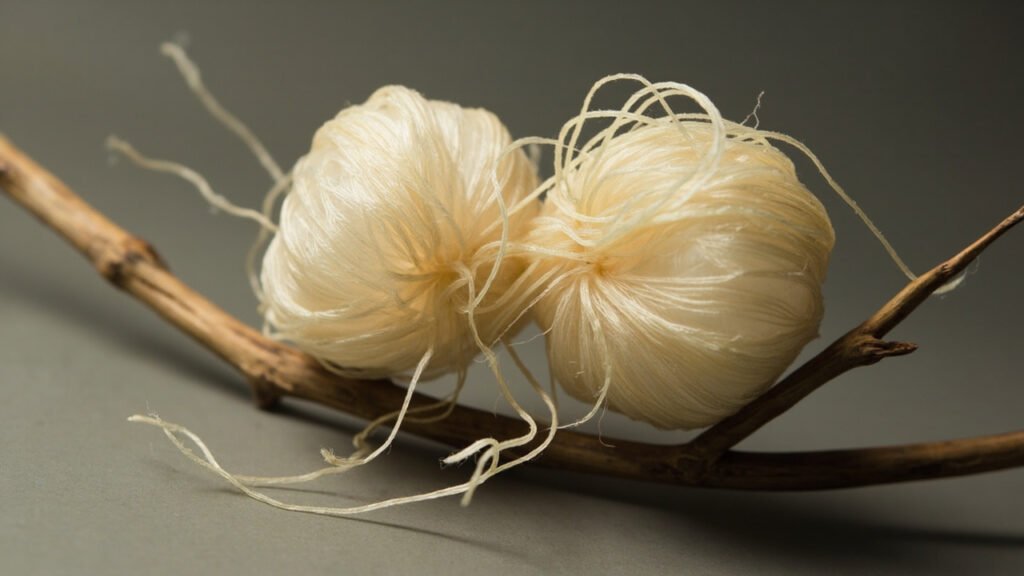 Cocons de soie doubles et fils bruts sur branche de mûrier.