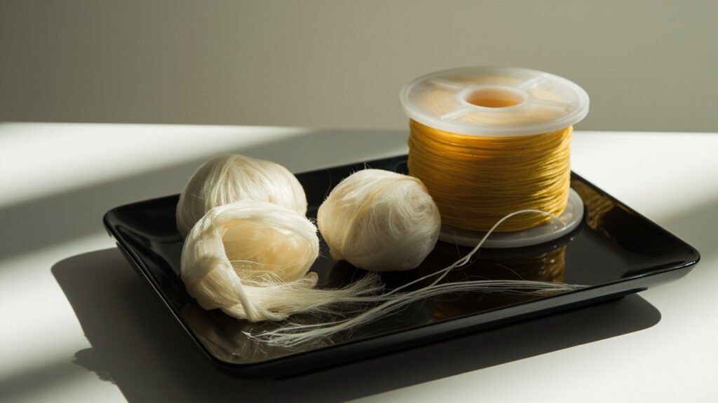 Cocons de soie et bobine de polyester sur plateau laqué noir.