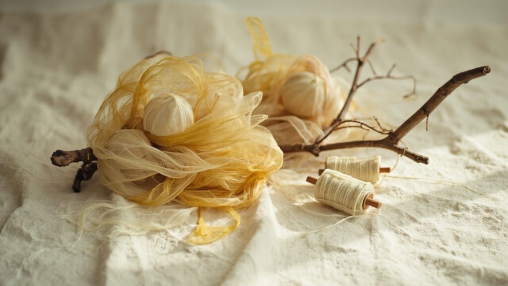 Cocons de soie et bobines aux teintes naturelles sur branches de mûrier.