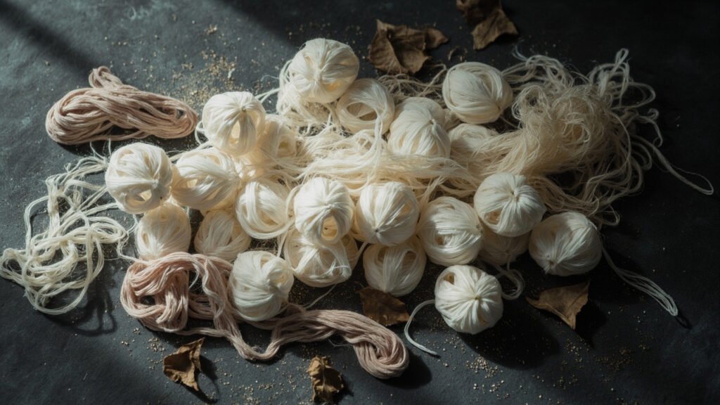 Cocons de soie et écheveaux de fils naturels sur ardoise