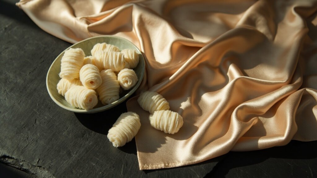 Cocons de soie ivoire et satin champagne sur ardoise noire.