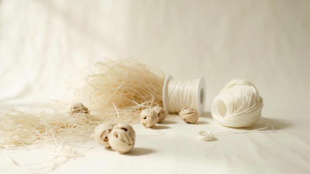 Cocons de soie ivoire, fibres brutes et filament synthétique