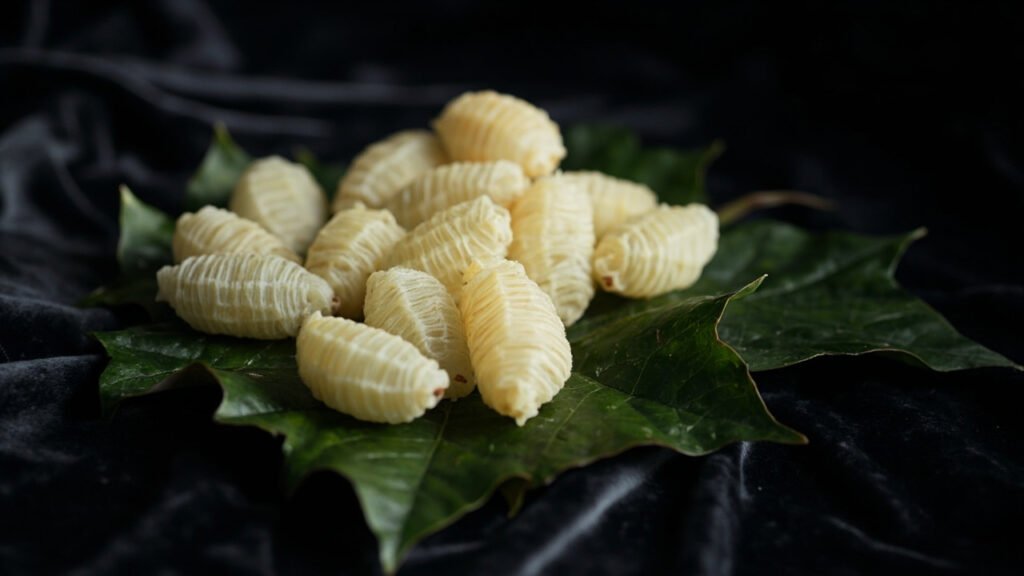 Cocons de soie ivoire sur feuilles de mûrier, lumière douce.