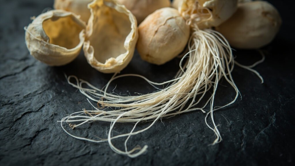 Cocons de soie ouverte et filaments bruts sur ardoise noire
