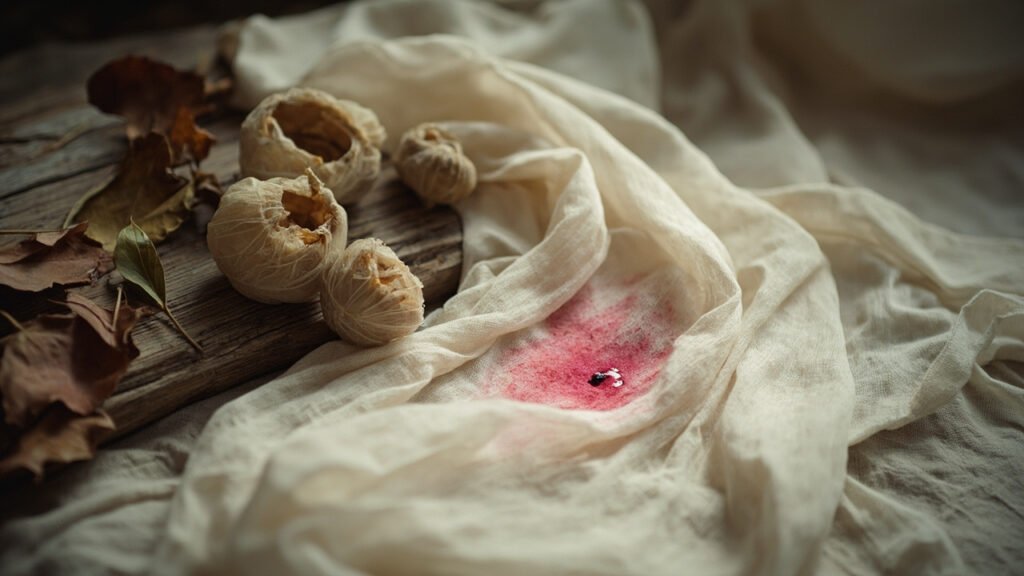Cocons de soie ouverts et tissu écru absorbant une goutte de teinture.