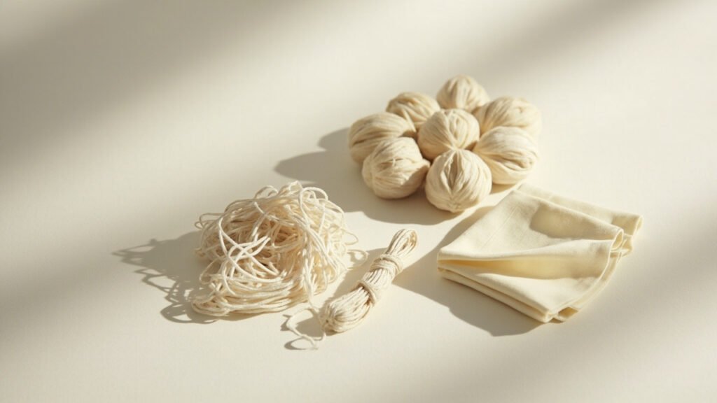 Cocons et fibres de soie brute à côté d'un satin fini.